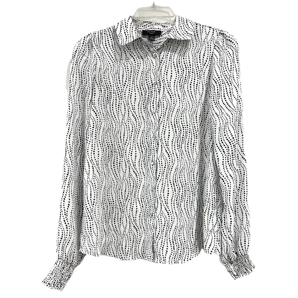 Haver London Wavy Dot Slightly Sheer Polyester Blouse Smocked Cuffs XS Ivory Blk